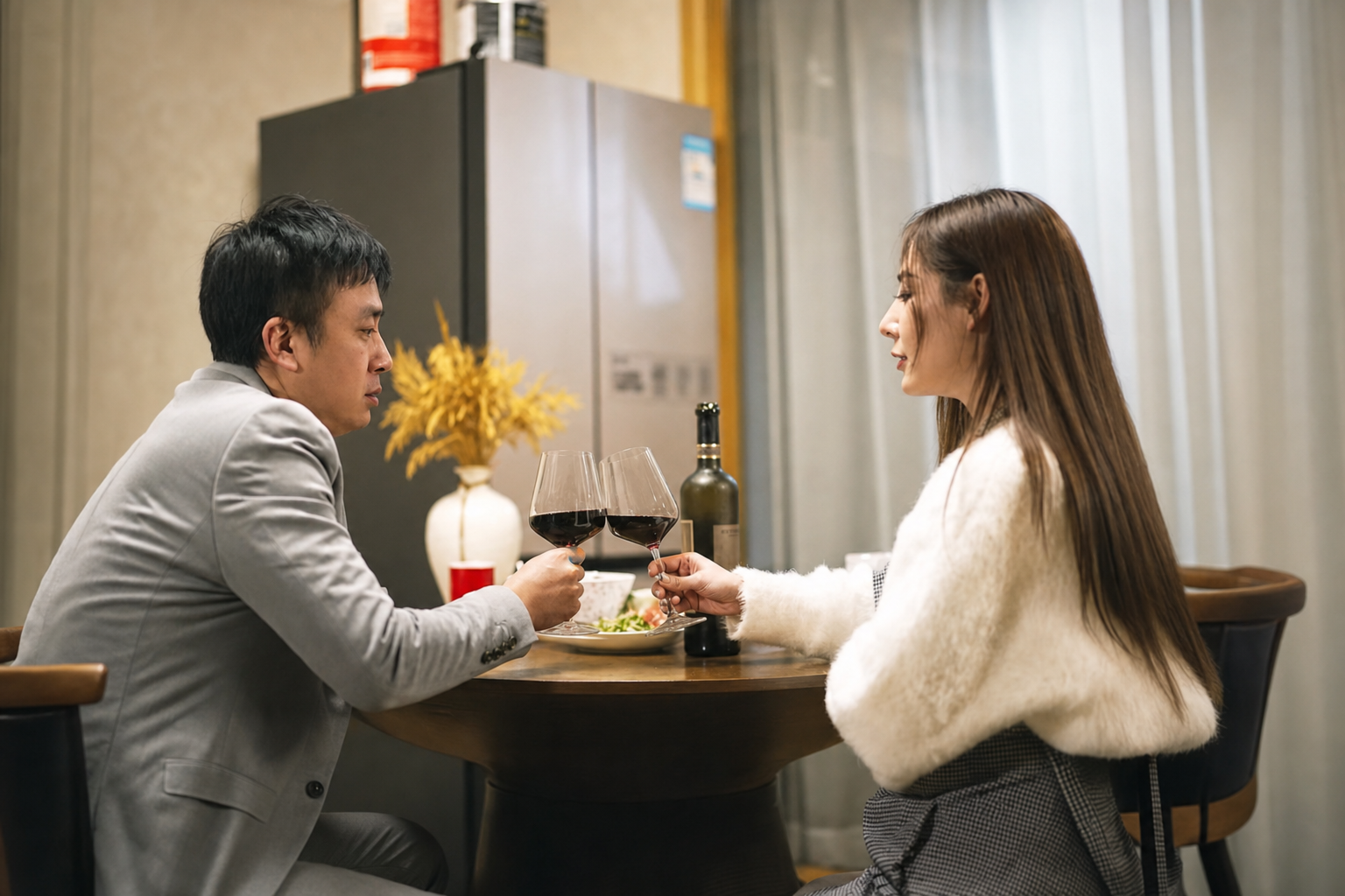 夫妻在餐桌举杯交流的剧情短片案例
